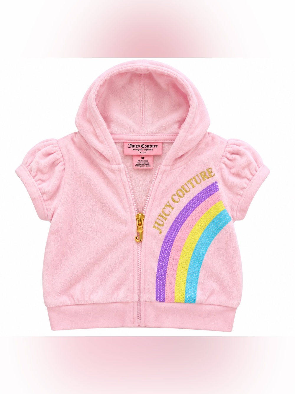Juicy Couture Pink Hooded Zip-Up Sweatshirt with Rainbow Sequin Accent Y2K